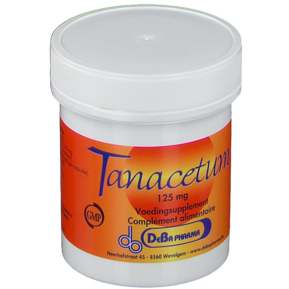 Contenitore bianco con fascia arancione. Scritta: Tanacetum 125 mg, Voedingssupplement, Complement alimentaire, DeBa Pharma.