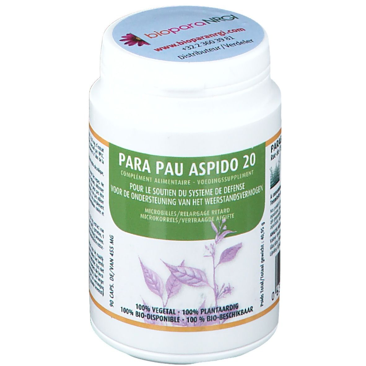 Flacone bianco con etichetta verde. Scritta: PARA PAU ASPIDO 20. Contiene 90 capsule. Illustrazione di pianta.