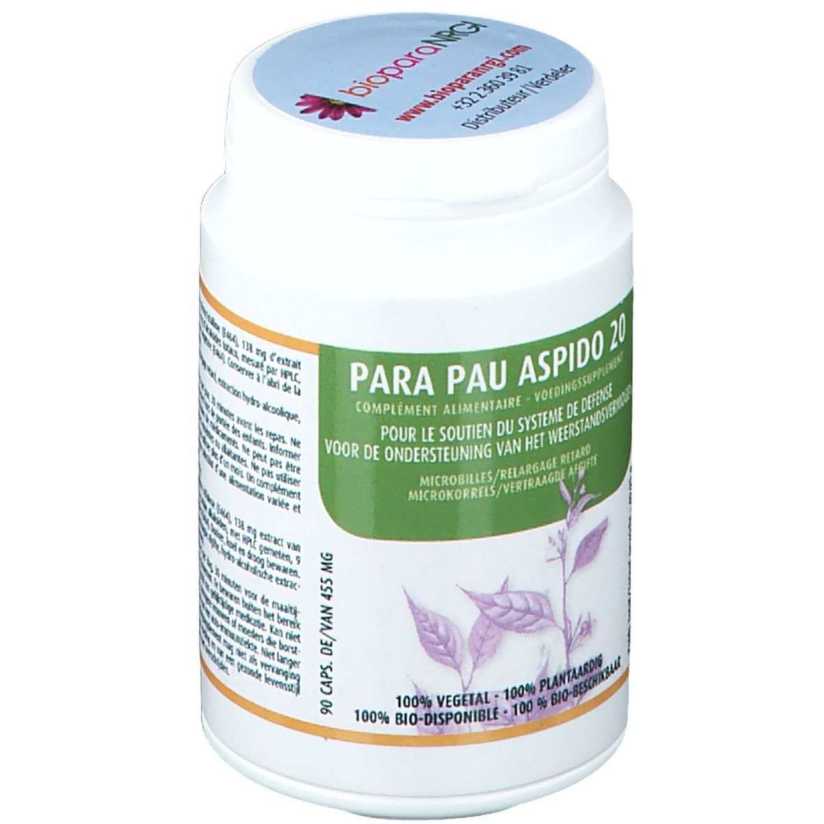 Flacone bianco con etichetta verde. Scritta: PARA PAU ASPIDO 20. Contiene 90 capsule. Illustrazione di pianta.