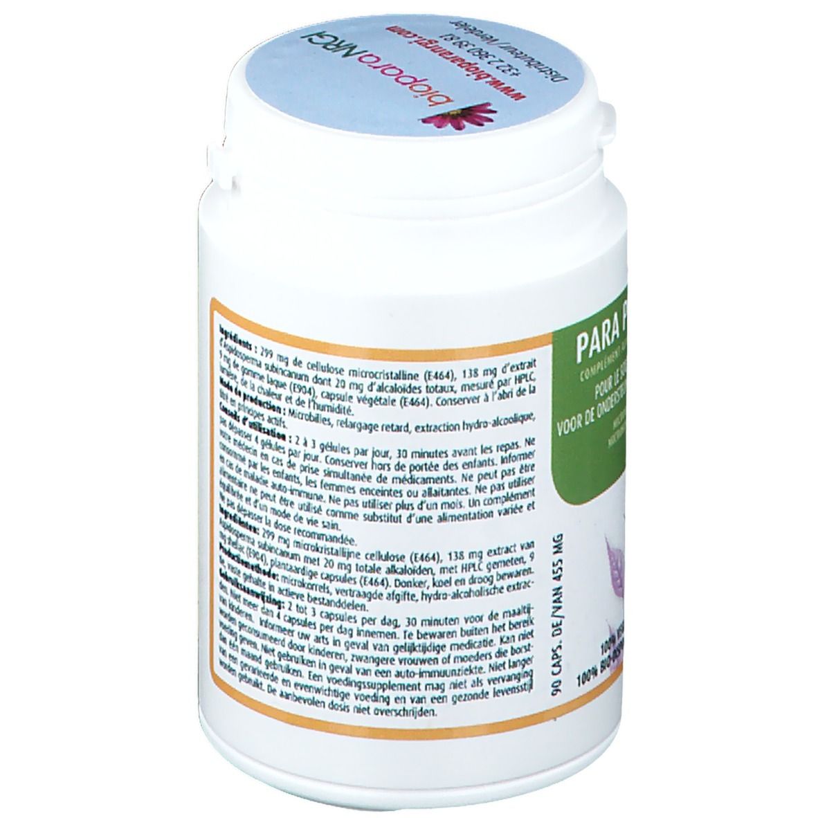 Retro del flacone bianco. Testo con ingredienti e istruzioni per l'uso. Informazioni del produttore.