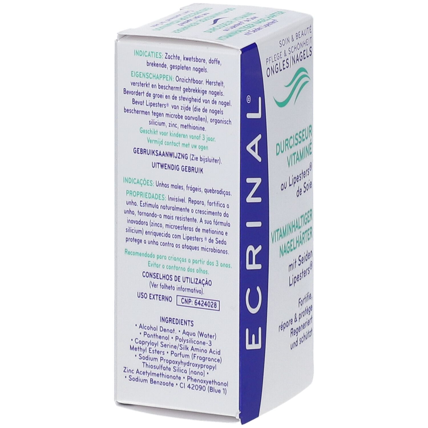 ECRINAL® Indurente vitaminico per unghie. Confezione. Testo: DURCHISSEUR VITAMINÉ au Lipesters® de Soie. Vitaminhaltiger Nagelverhärter.