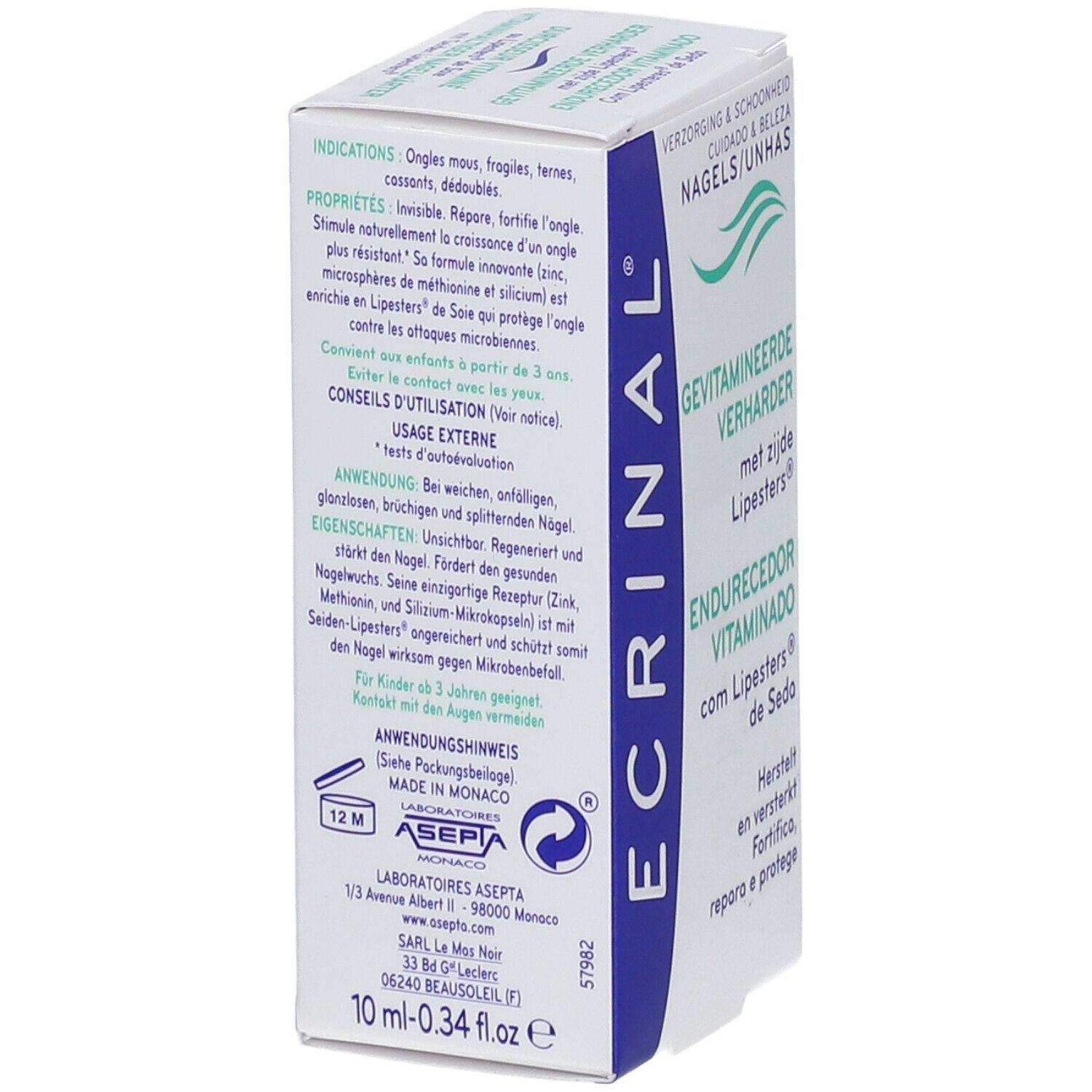 ECRINAL® Indurente vitaminico per unghie. Confezione. Testo: GEVITAMINEERDE VERHARDER met zijde Lipesters®. Endurecedor Vitaminado.