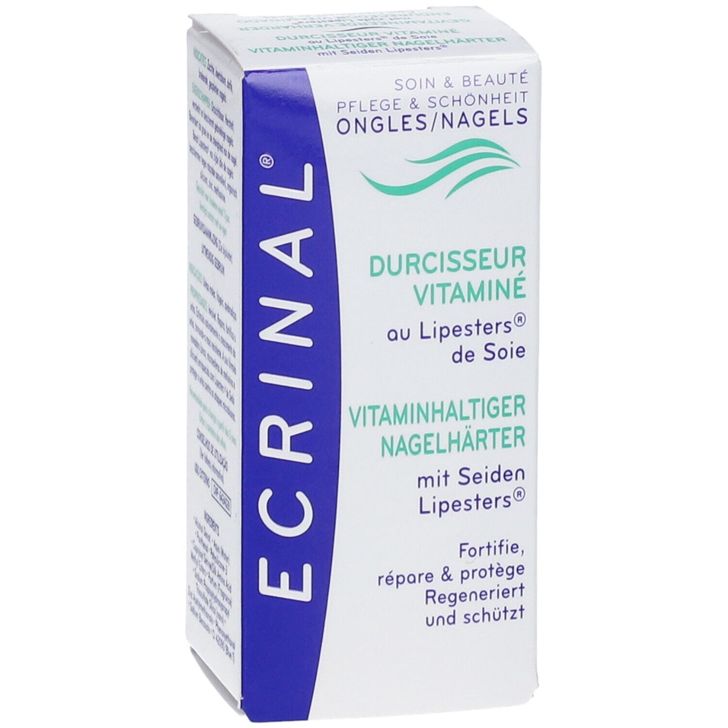 ECRINAL® Indurente vitaminico per unghie. Confezione. Testo: DURCHISSEUR VITAMINÉ au Lipesters® de Soie. Vitaminhaltiger Nagelverhärter.