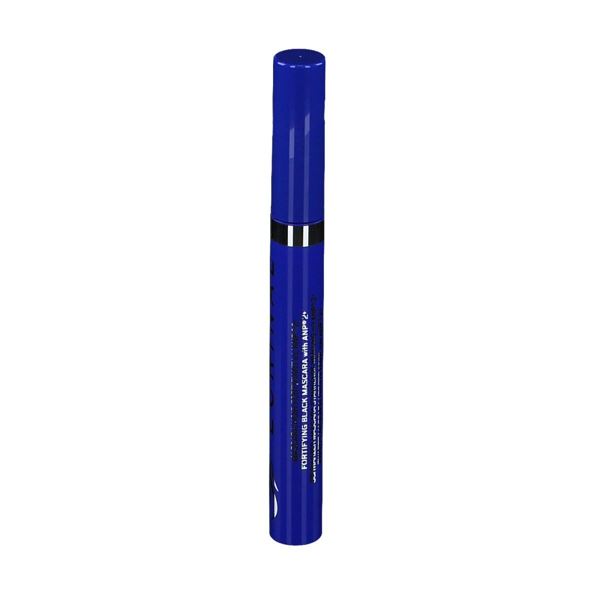 Tubetto di mascara blu con anello argentato. Scritta ECRINAL e FORTIFYING BLACK MASCARA. Mascara nero.