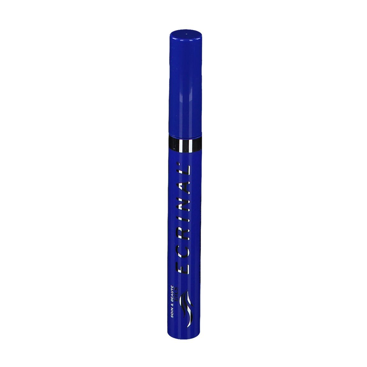 Tubetto di mascara blu con anello argentato. Scritta ECRINAL e SOIN & BEAUTÉ. Mascara nero.