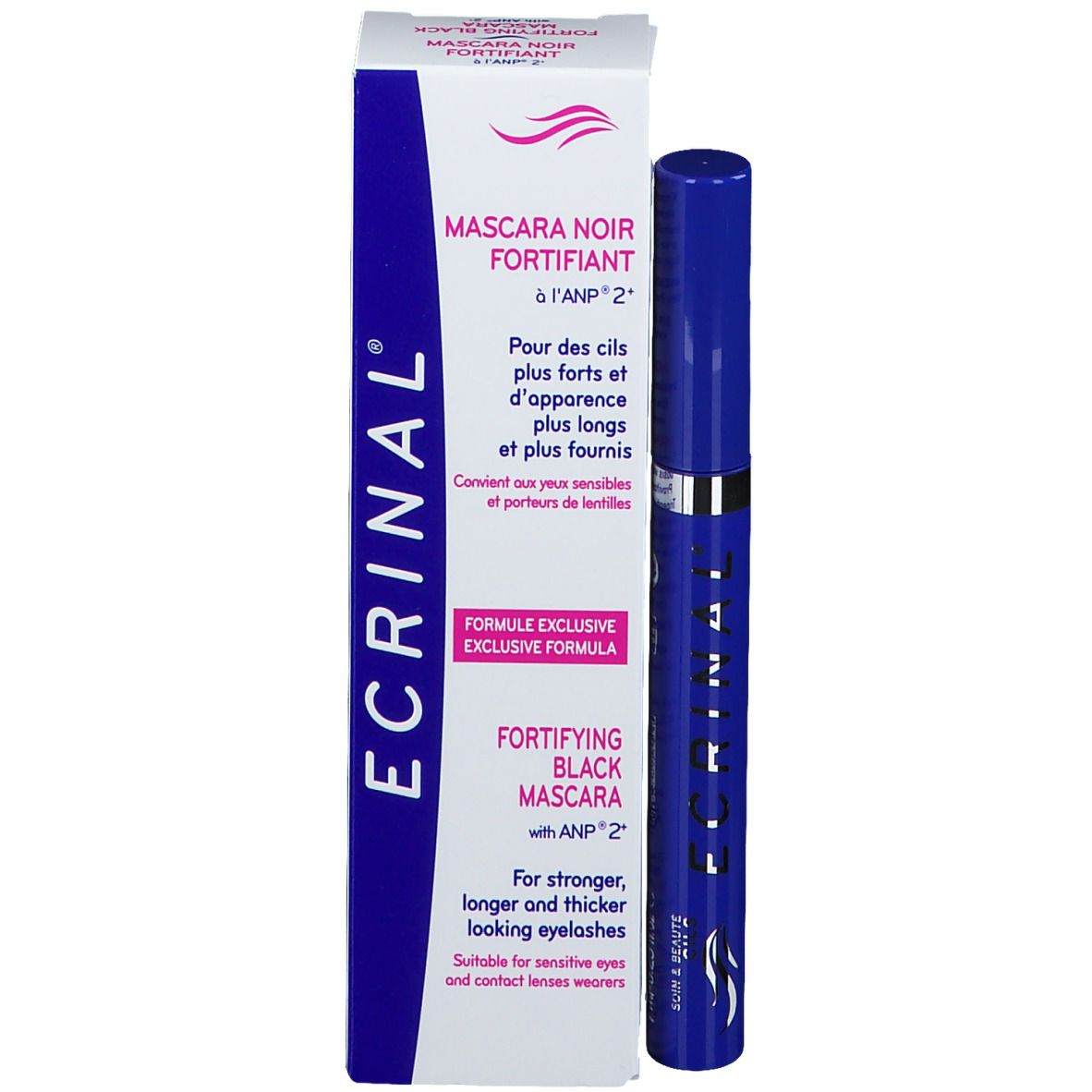 Mascara blu e confezione. Confezione con nome e descrizione del prodotto. Mascara nero.