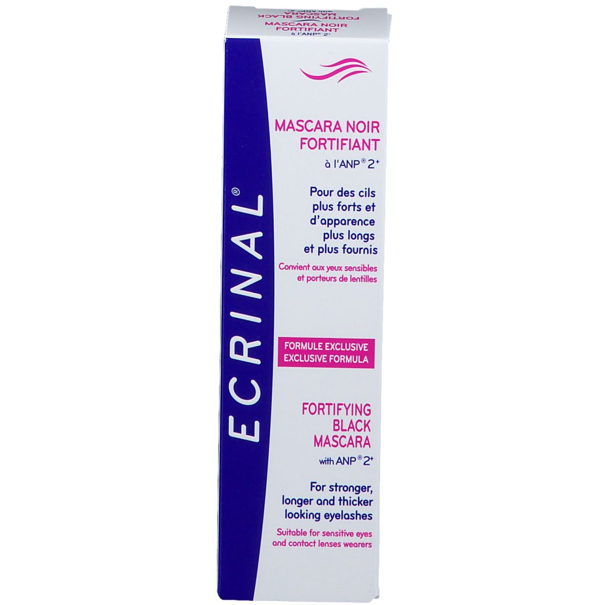 Confezione con nome e descrizione del prodotto. Mascara nero. Logo ECRINAL e informazioni.