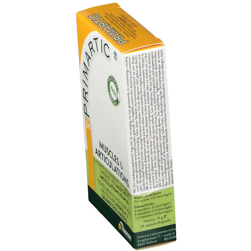 Confezione PRIMARTIC, 24 capsule. Testo: Muscles & Articulations. Retro con informazioni e dosaggio. Logo Primrose.