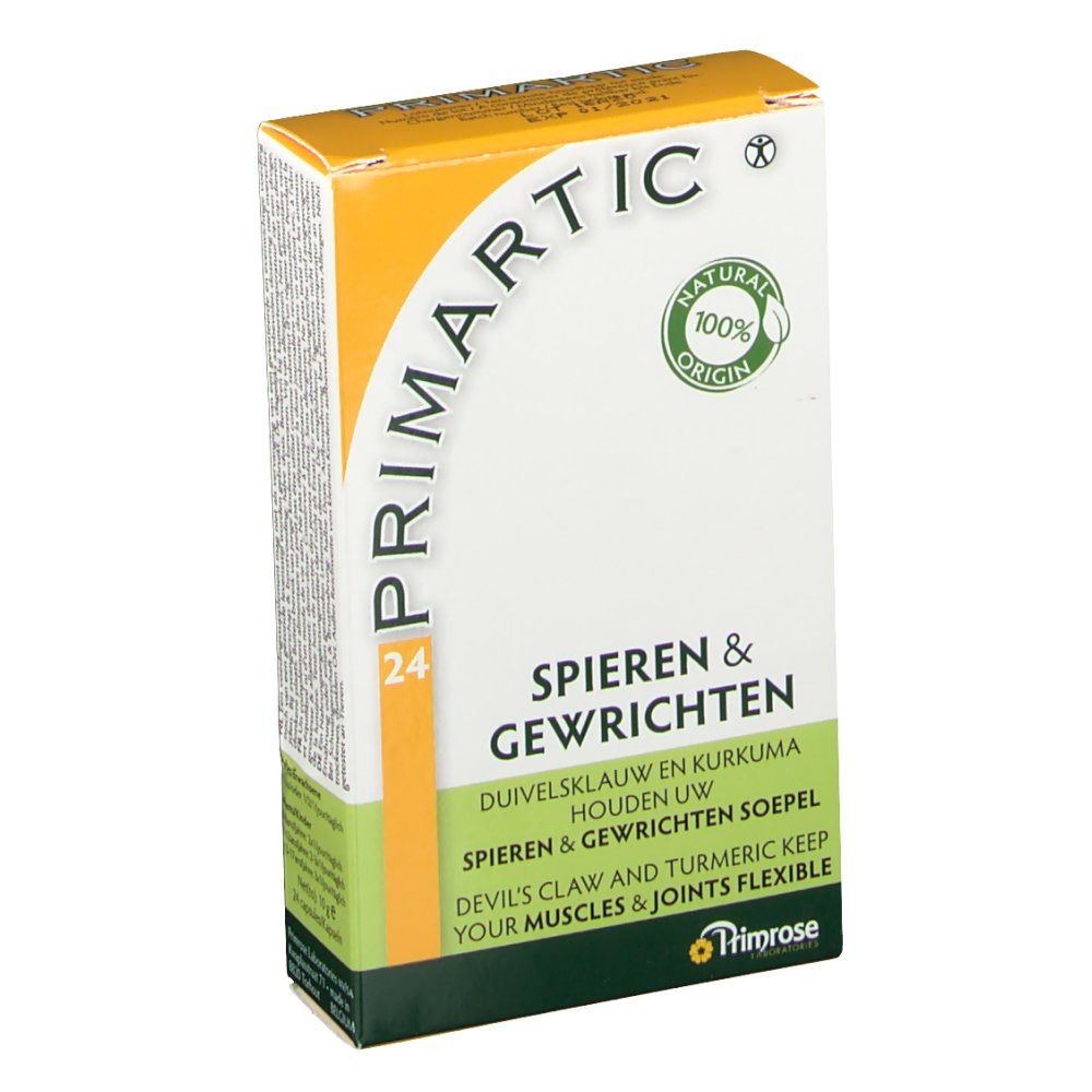 Confezione PRIMARTIC, 24 capsule. Testo: Spieren & Gewrichten. Origine naturale. Logo Primrose.