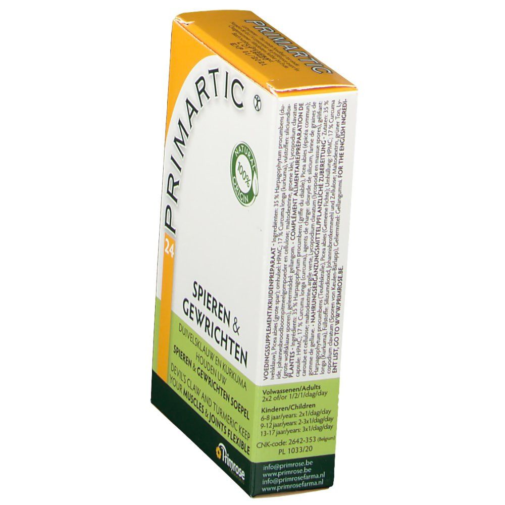 Confezione PRIMARTIC, 24 capsule. Testo: Spieren & Gewrichten. Retro con informazioni e dosaggio. Logo Primrose.