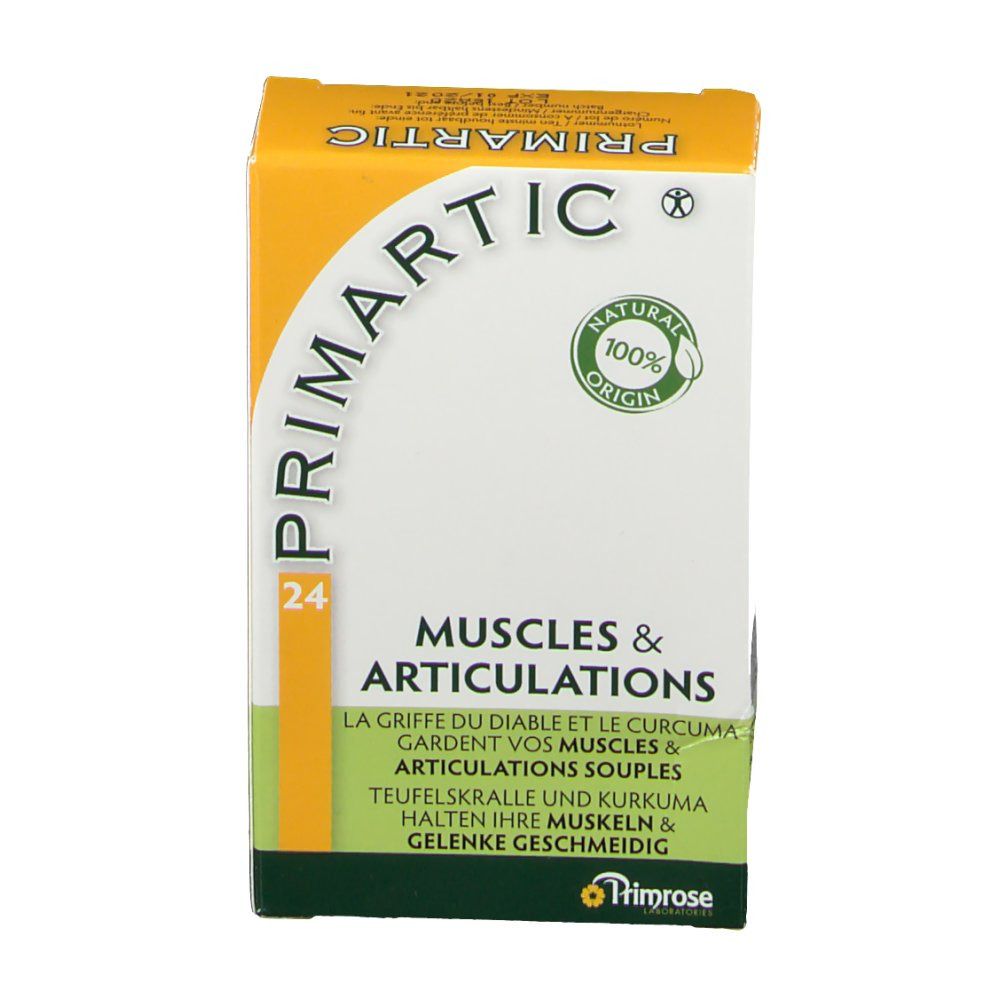 Confezione PRIMARTIC, 24 capsule. Testo: Muscles & Articulations. Origine naturale. Logo Primrose.