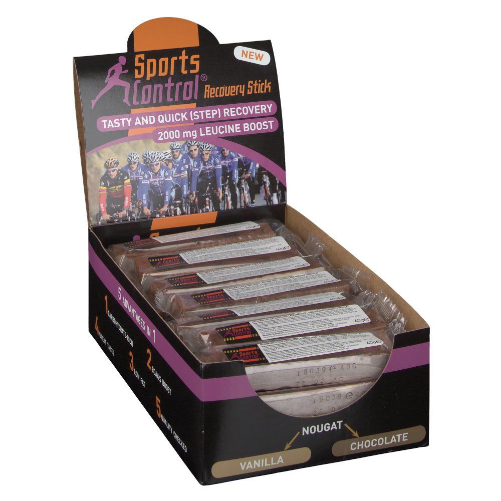 Confezione di Recovery Sticks. Scatola nera con nome del prodotto e informazioni. Barrette confezionate singolarmente nella scatola.
