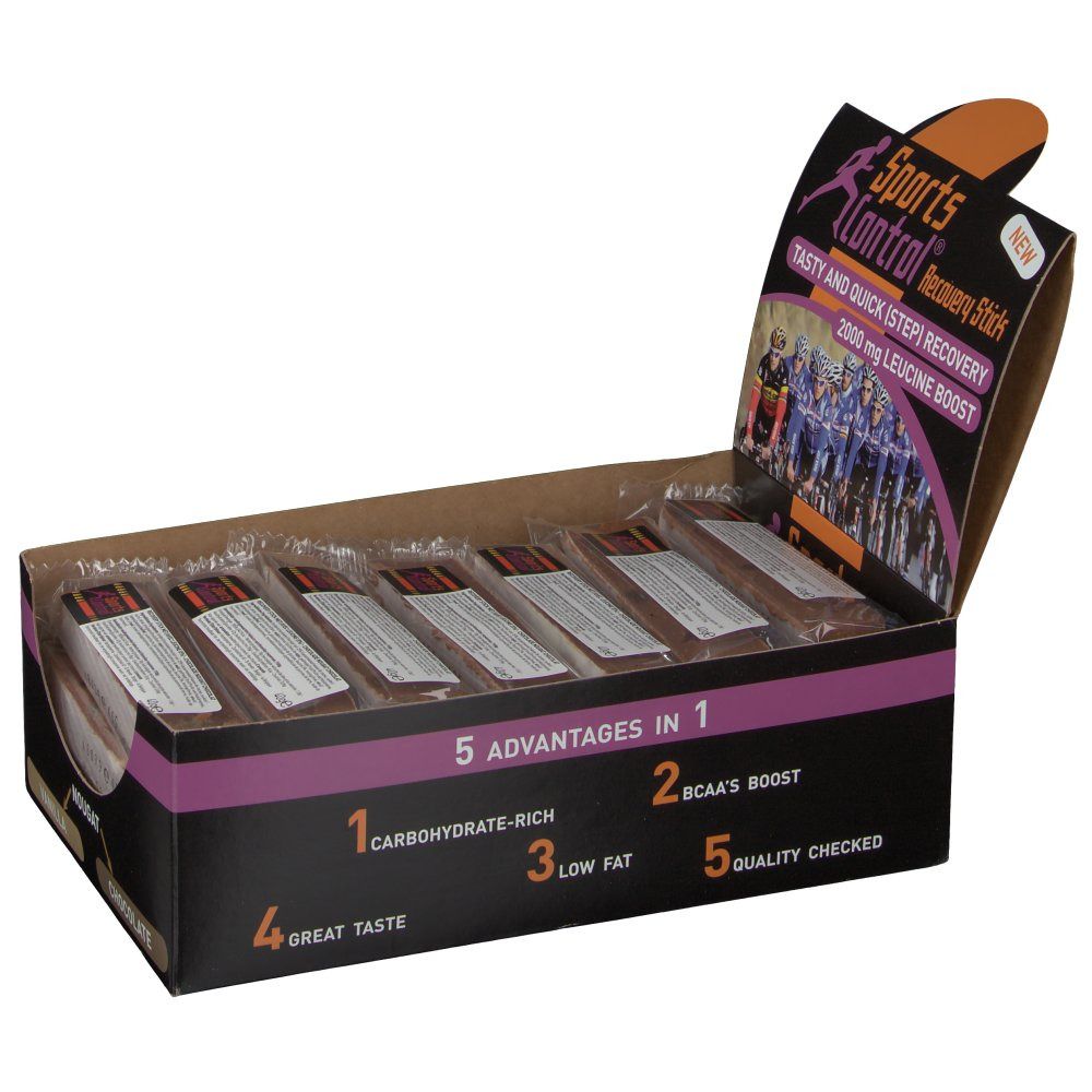 Scatola aperta di Recovery Sticks. Scatola nera con informazioni sul prodotto e vantaggi. Barrette confezionate singolarmente.
