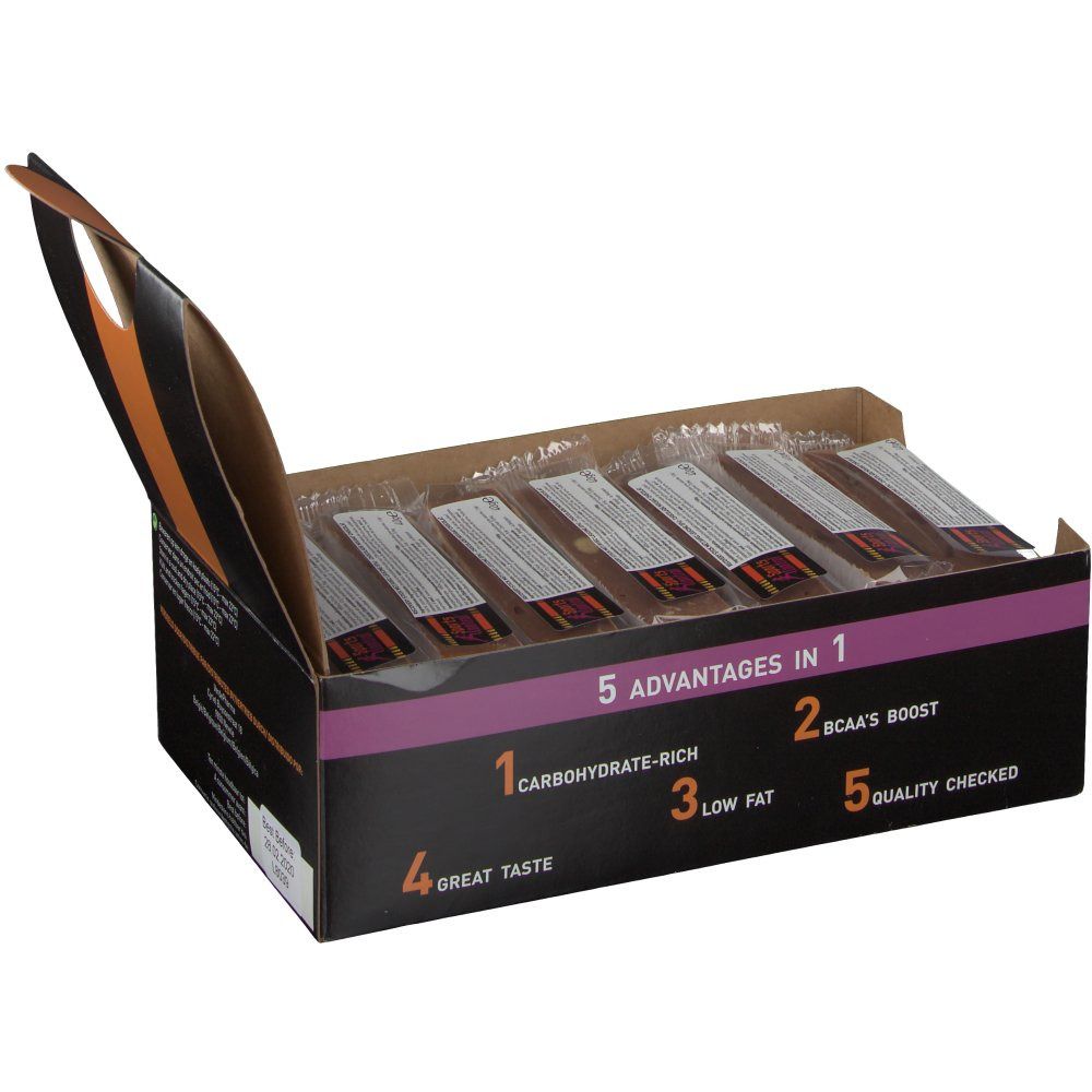 Scatola aperta di Recovery Sticks. Scatola nera con informazioni sul prodotto. Barrette confezionate singolarmente visibili.