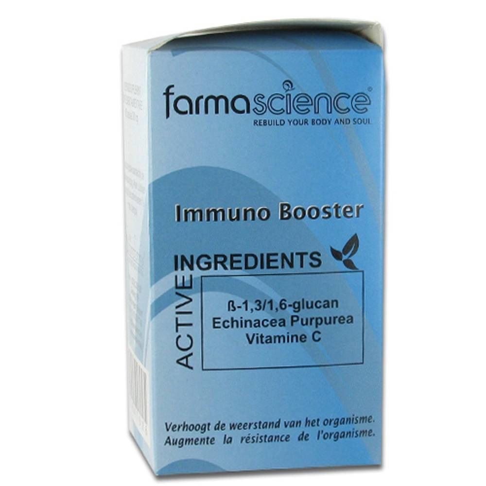Confezione blu e bianca di Farmascience Immuno Booster. Scritta: Immuno Booster, ingredienti: beta-glucano, echinacea, vitamina C.
