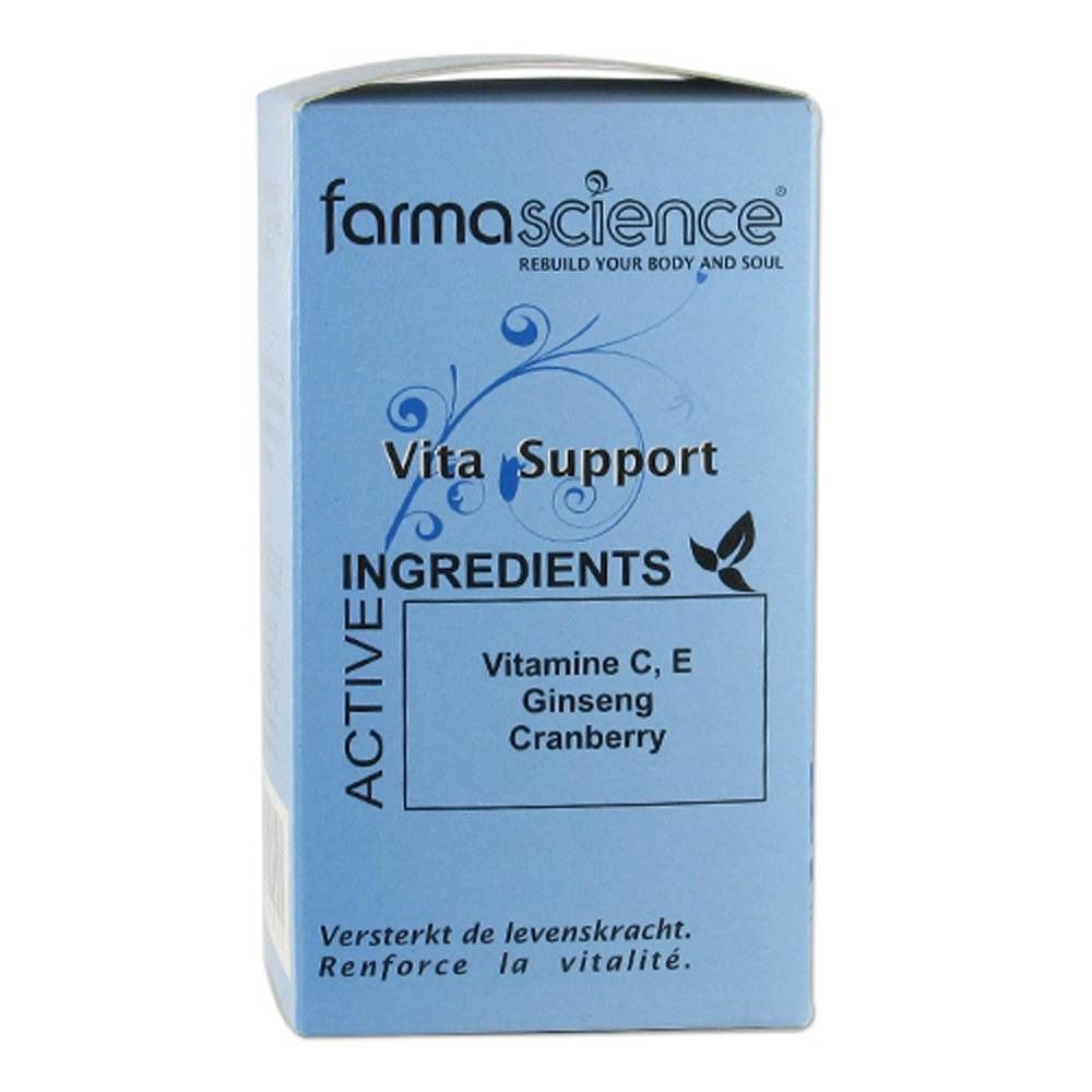 Confezione azzurra con nome prodotto Vita Support e ingredienti. Marchio: Farmascience.