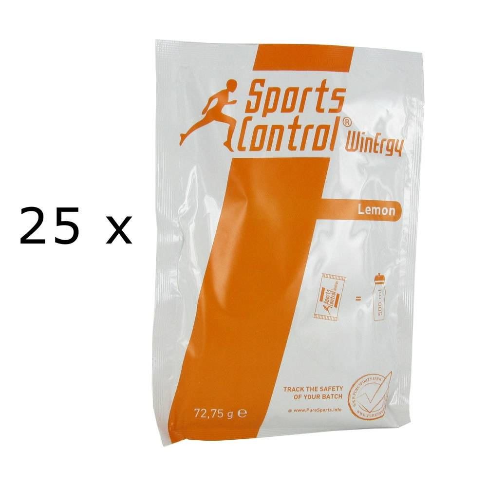 Confezione da 25 bustine. Scritta: Sports Control WinErgy, Limone. Peso: 72,75 g. Logo di controllo di sicurezza.