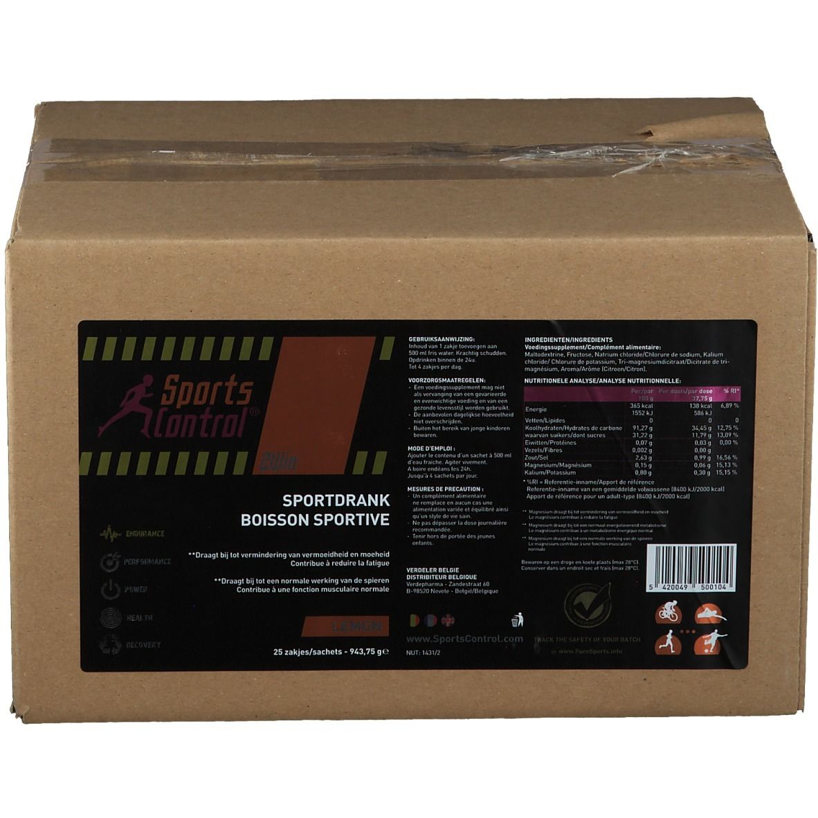 Scatola di cartone di bevanda sportiva Sportscontrol. Etichetta nera con logo e testo. Contiene 25 bustine da 37,75 g.