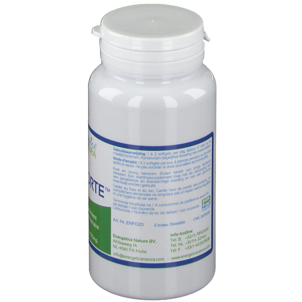 Vista posteriore di un flacone bianco. Testo multilingue. Marchio: Energetica Natura.