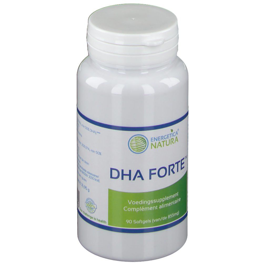 Flacone bianco con etichetta DHA FORTE. Contiene 90 softgel. Marchio: Energetica Natura.