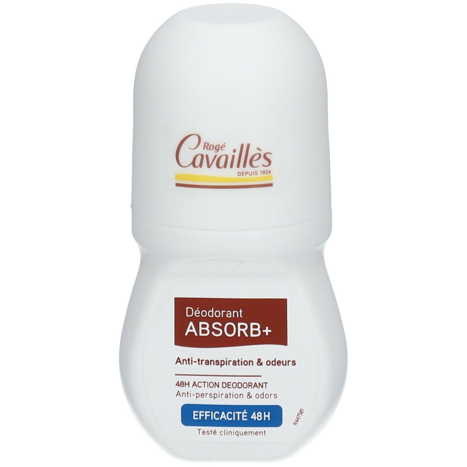 Deodorante roll-on bianco con etichetta marrone. Scritta: Rogé Cavaillès, Déodorant ABSORB+, 48H. Scritta blu: Efficacité 48H.