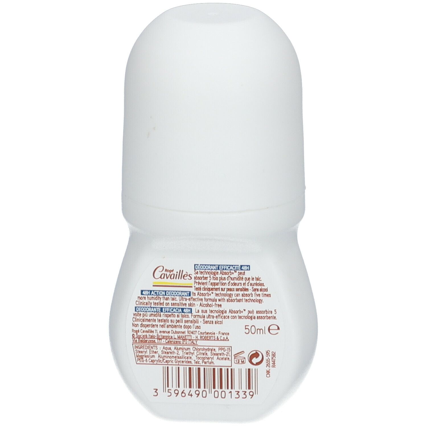 Retro di un deodorante roll-on bianco. Scritta: Rogé Cavaillès, Déodorant Efficacité 48H. Contiene 50ml. Codice a barre e info produttore.