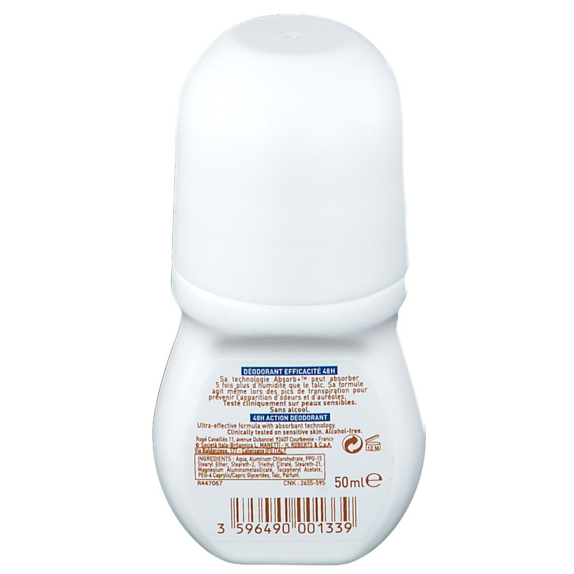 Retro di un deodorante roll-on bianco. Scritta: Rogé Cavaillès, Déodorant Efficacité 48H. Contiene 50ml. Codice a barre e info produttore.