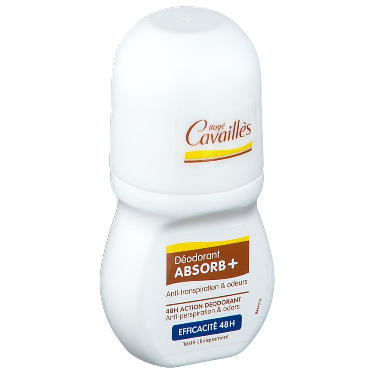 Deodorante roll-on bianco con etichetta giallo-marrone. Scritta: Rogé Cavaillès, Déodorant ABSORB+, 48H. Scritta blu: Efficacité 48H.