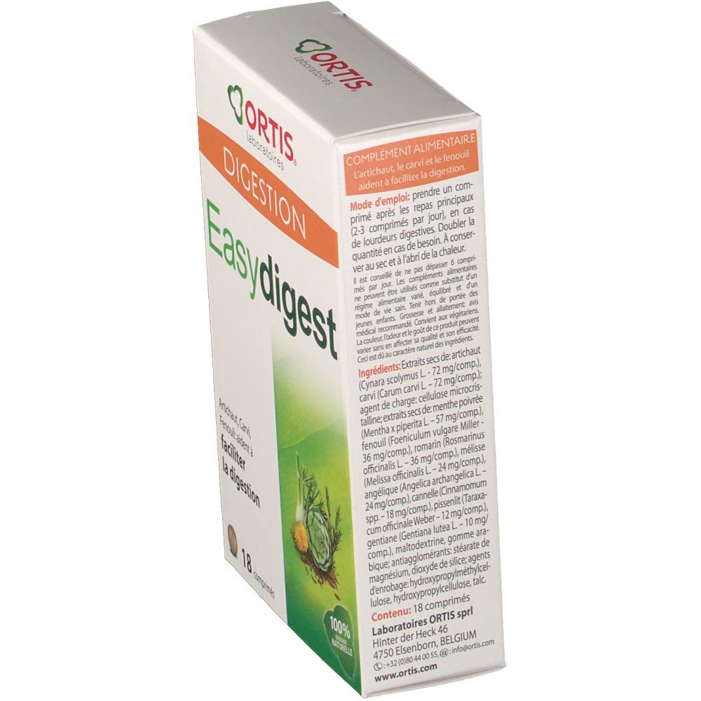 Scatola "Easy digest" con testo e ingredienti. Logo "Ortis Laboratoires". Design verde e bianco con illustrazione di verdure.