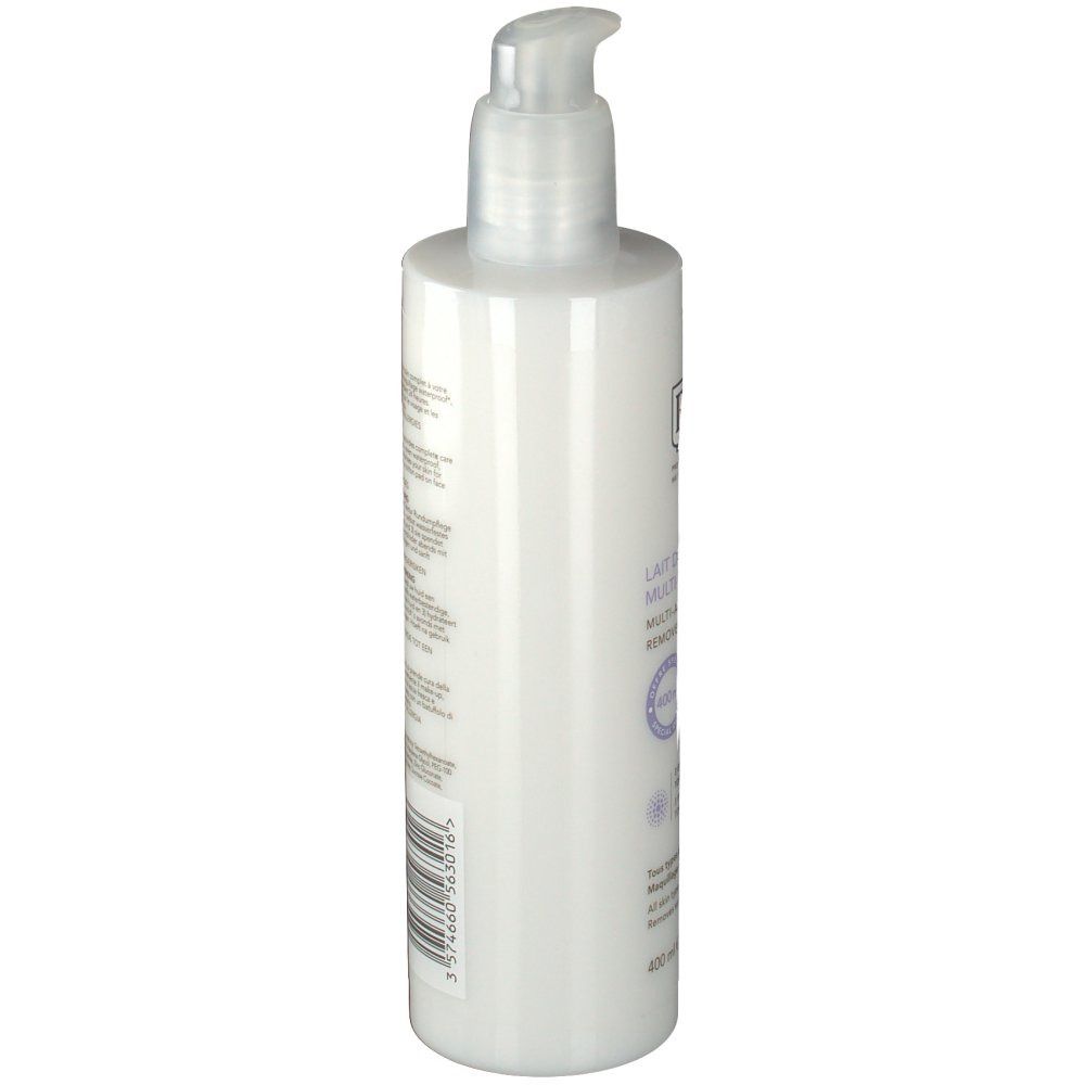 Flacone bianco con dosatore a pompa. Retro con testo e codice a barre. Nome prodotto non visibile.