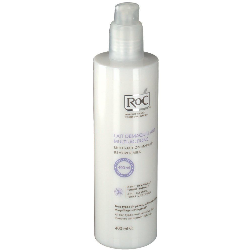 Flacone bianco con dosatore a pompa. Scritta: ROC, Lait Demaquillant Multi-Actions, 400 ml.