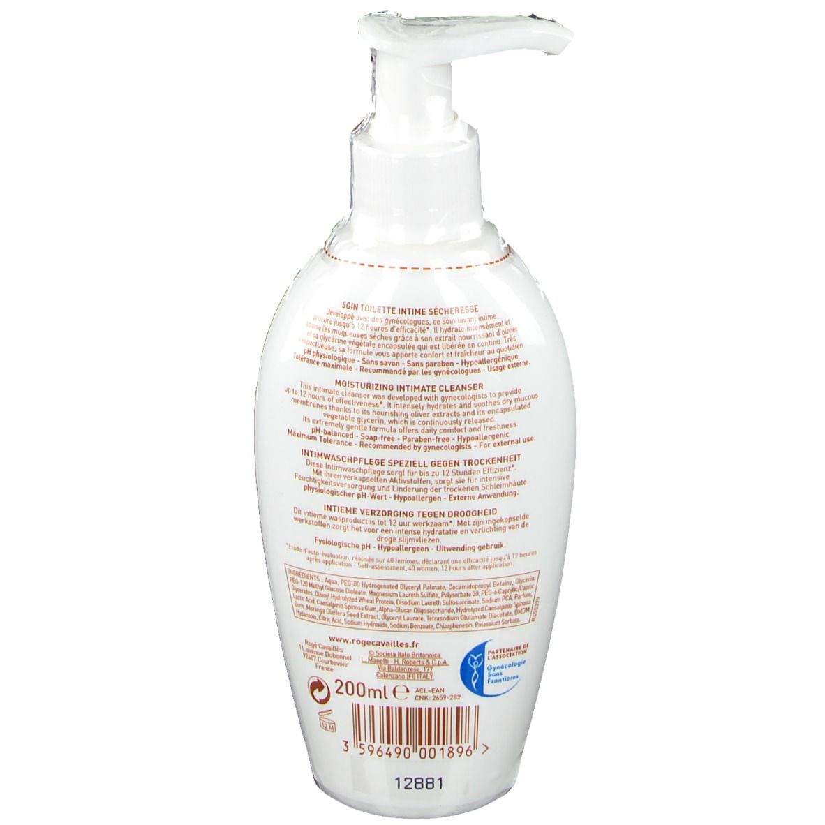 Retro del flacone bianco. Testo multilingue. In basso: 200ml, codice EAN e logo.