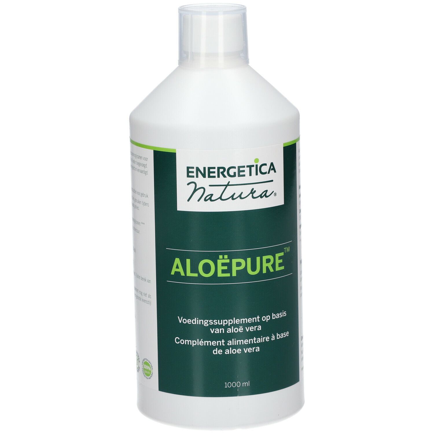 Bottiglia bianca con etichetta ALOËPURE™. Integratore alimentare a base di aloe vera. 1000 ml.