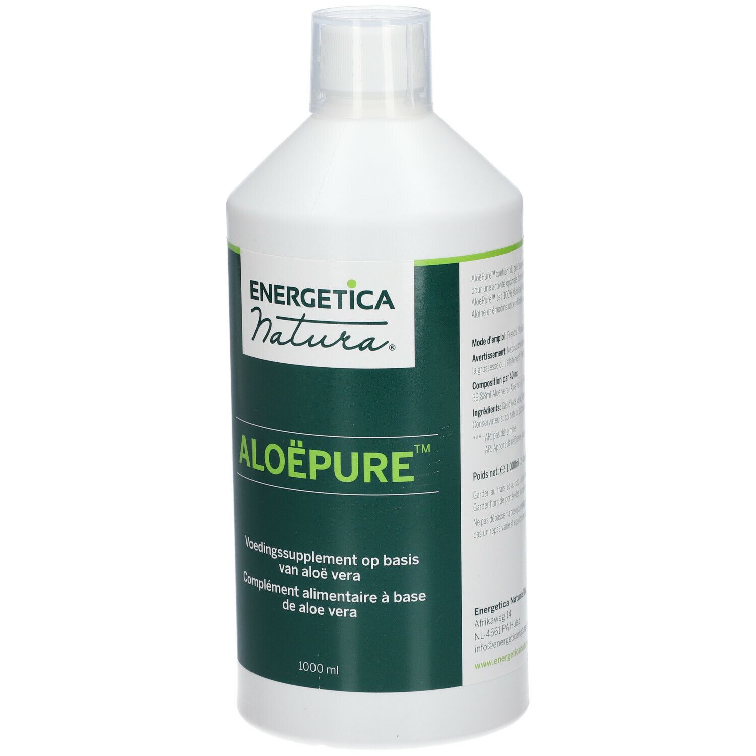 Bottiglia bianca con etichetta ALOËPURE™. Integratore alimentare a base di aloe vera. 1000 ml.