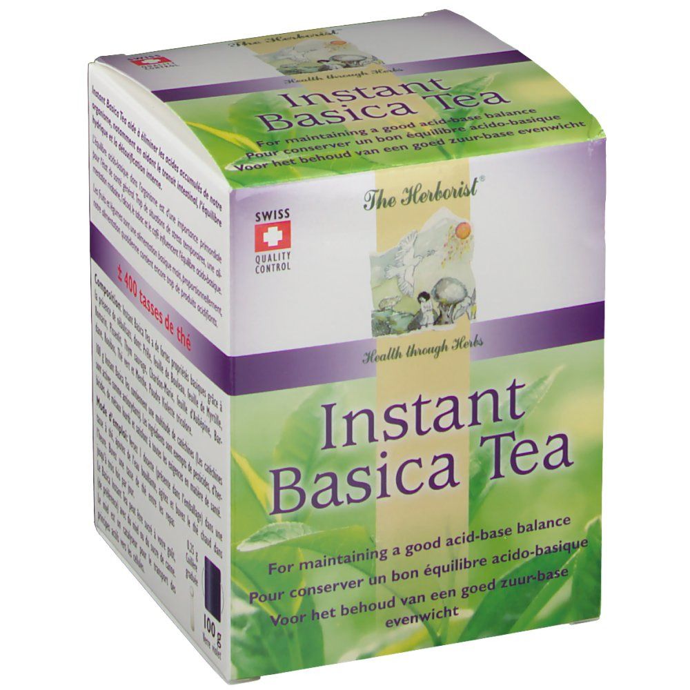 Confezione di Instant Basica Tea. Controllo qualità svizzero. Scritta: Instant Basica Tea, Health through Herbs. 100g.