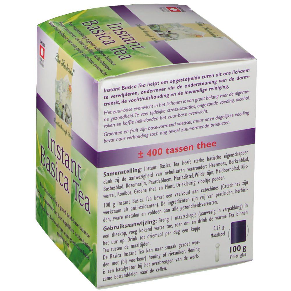 Confezione di Instant Basica Tea. Scritta: Instant Basica Tea, Health through Herbs. 100g. ±400 tazze di tè.