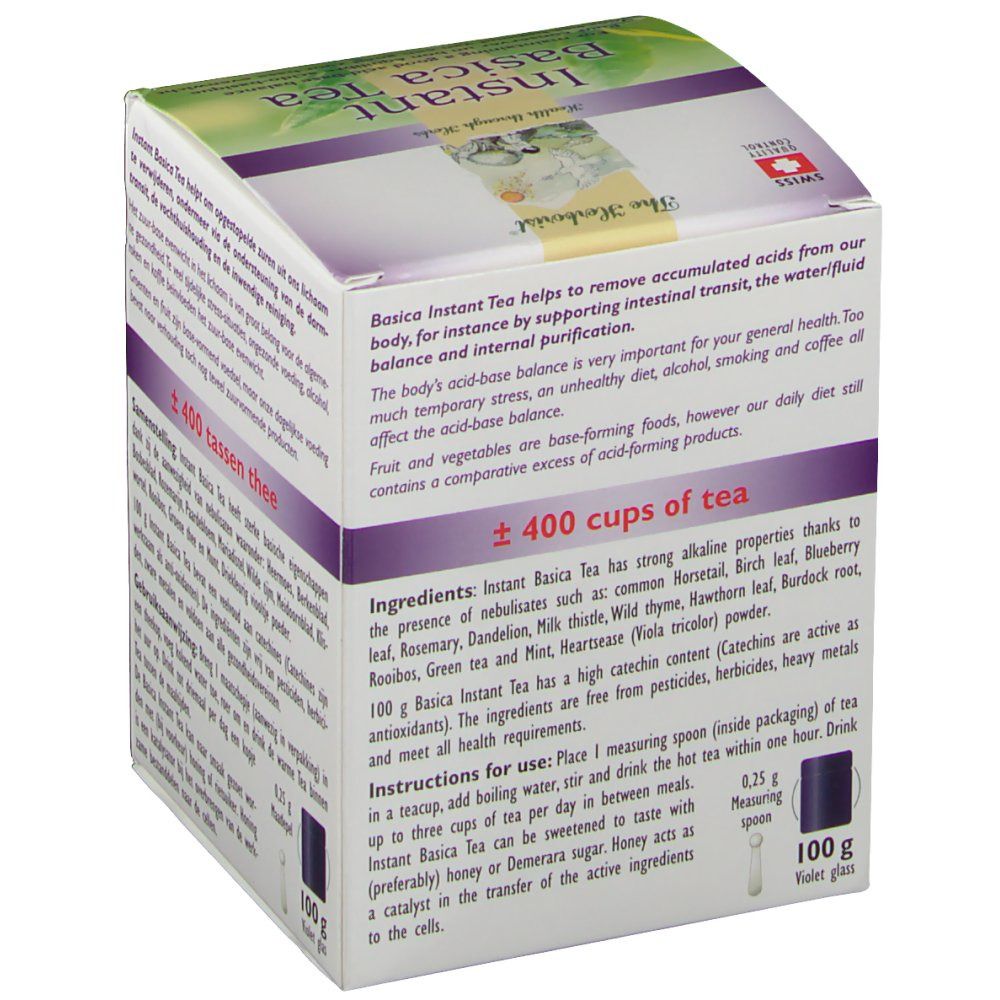 Confezione di Instant Basica Tea. Scritta: Instant Basica Tea, Health through Herbs. 100g. ±400 tazze di tè. Misurino.