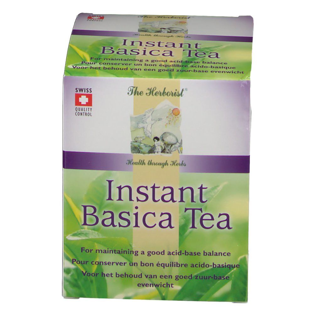 Confezione di Instant Basica Tea. Controllo qualità svizzero. Scritta: Instant Basica Tea, Health through Herbs.