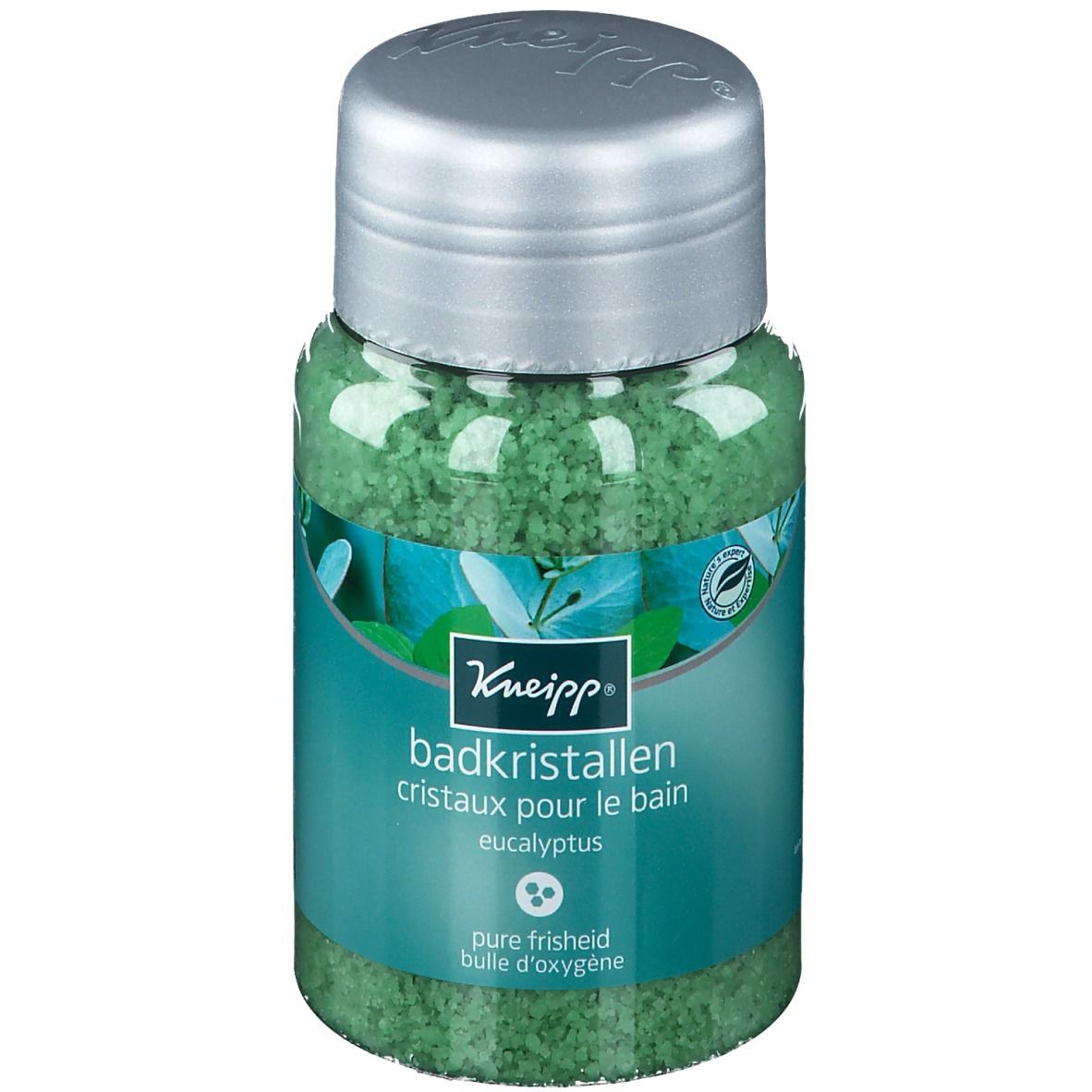 Cristalli da bagno Kneipp Eucaliptus in barattolo. Cristalli verdi, coperchio argentato. Scritta: Badkristallen, Eucaliptus, pure frisheid.