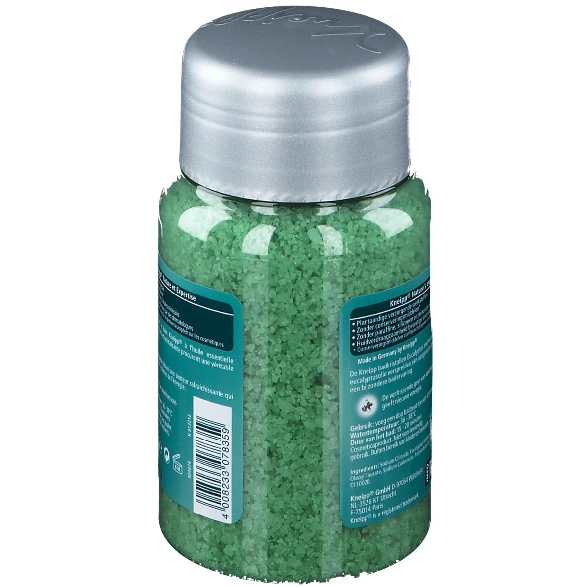 Retro del barattolo di cristalli da bagno Kneipp Eucaliptus. Testo: Nature et Expert, ingredienti, istruzioni per l'uso. Sfondo verde, codice a barre.