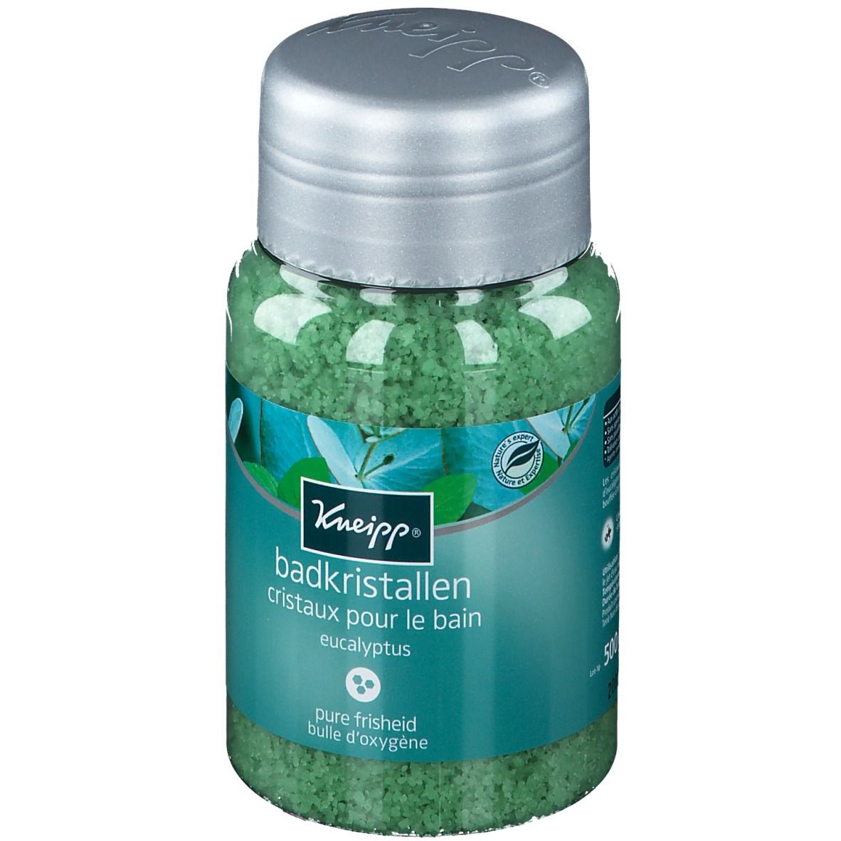 Barattolo di cristalli da bagno Kneipp Eucaliptus. Cristalli verdi, coperchio argentato. Scritta: Badkristallen, Eucaliptus, pure frisheid, 500g.