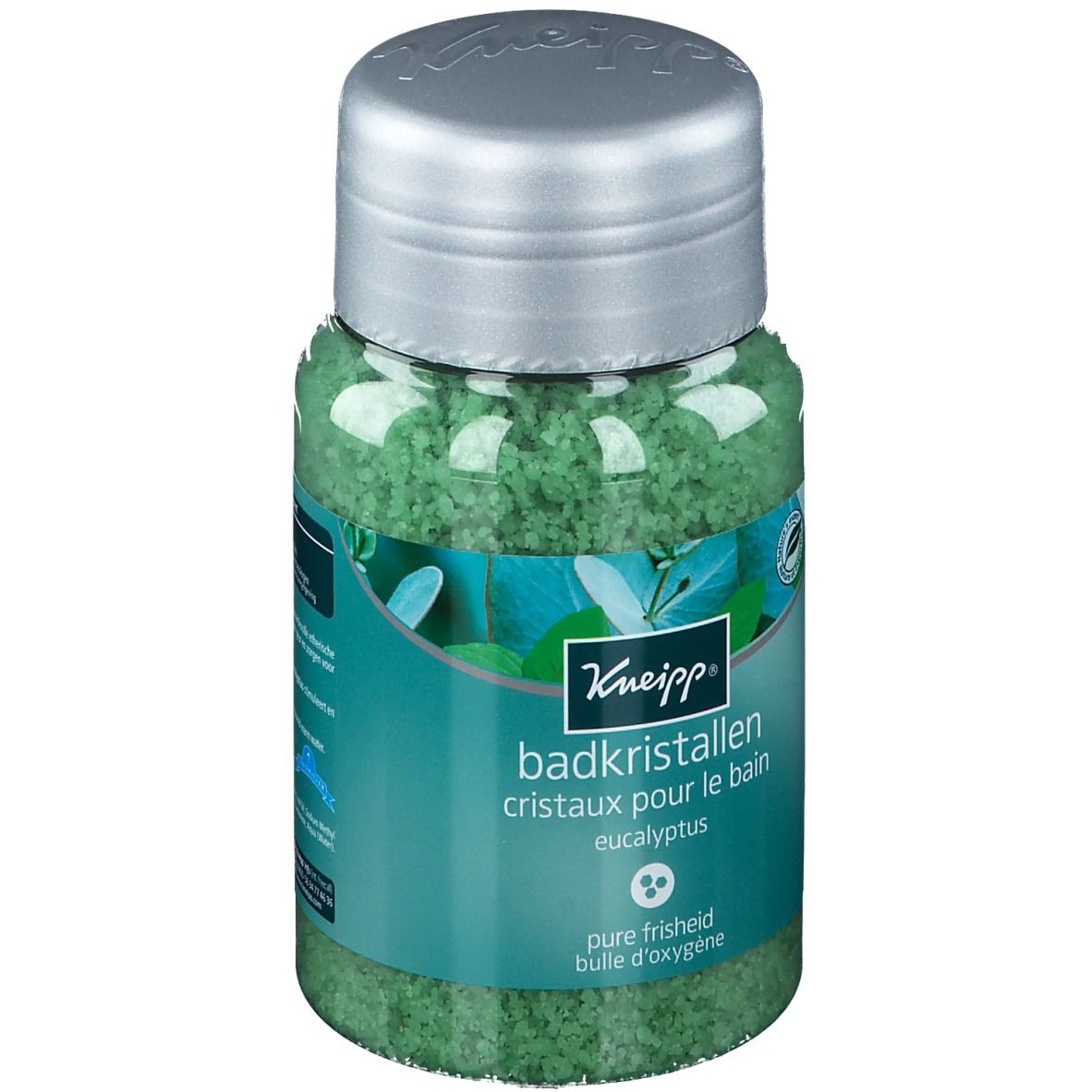 Barattolo di cristalli da bagno Kneipp Eucaliptus. Cristalli verdi, coperchio argentato. Scritta: Badkristallen, Eucaliptus, pure frisheid, 500g.