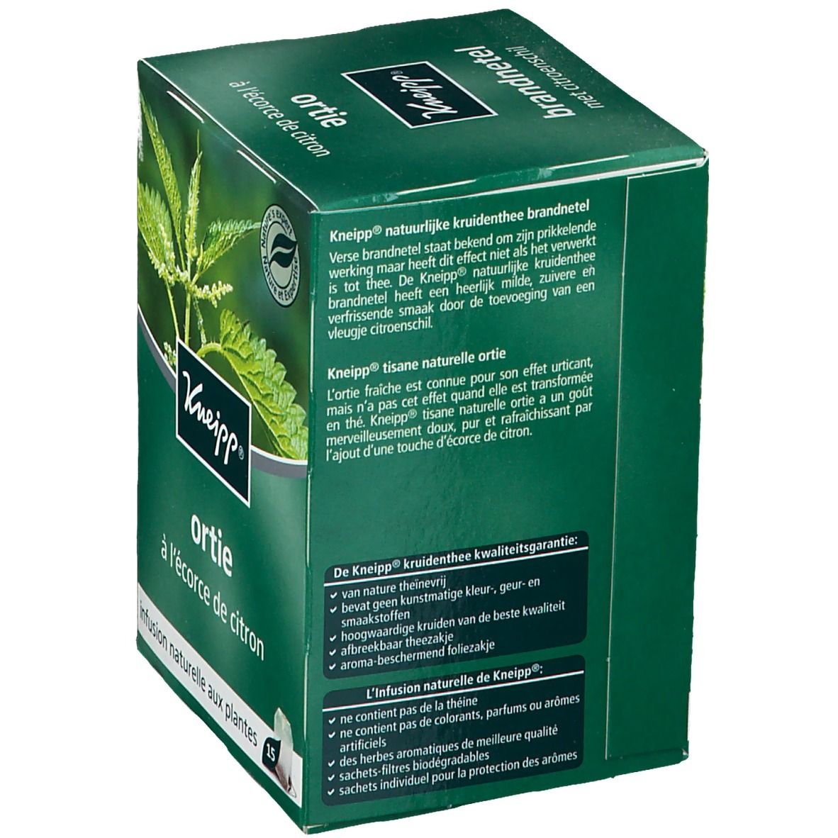 Confezione verde con testo in olandese e francese. Logo Kneipp e immagine di ortica. Testo sulla qualità.