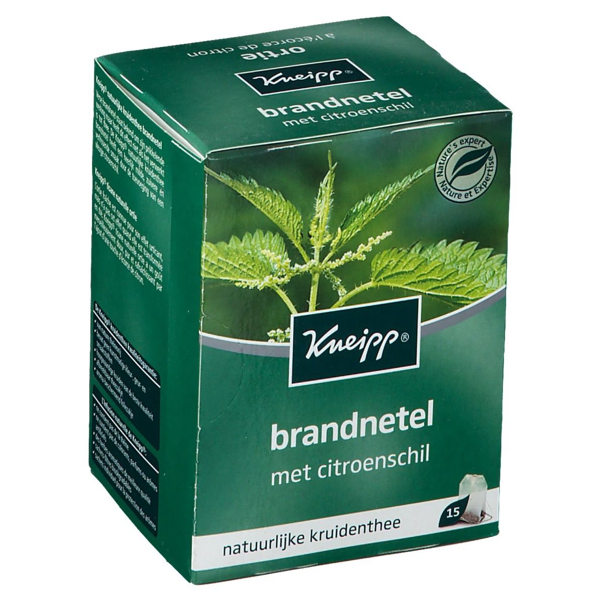 Confezione verde Kneipp con logo e scritta "Brandnetel met citroenschil". Immagine di ortica. 15 bustine.