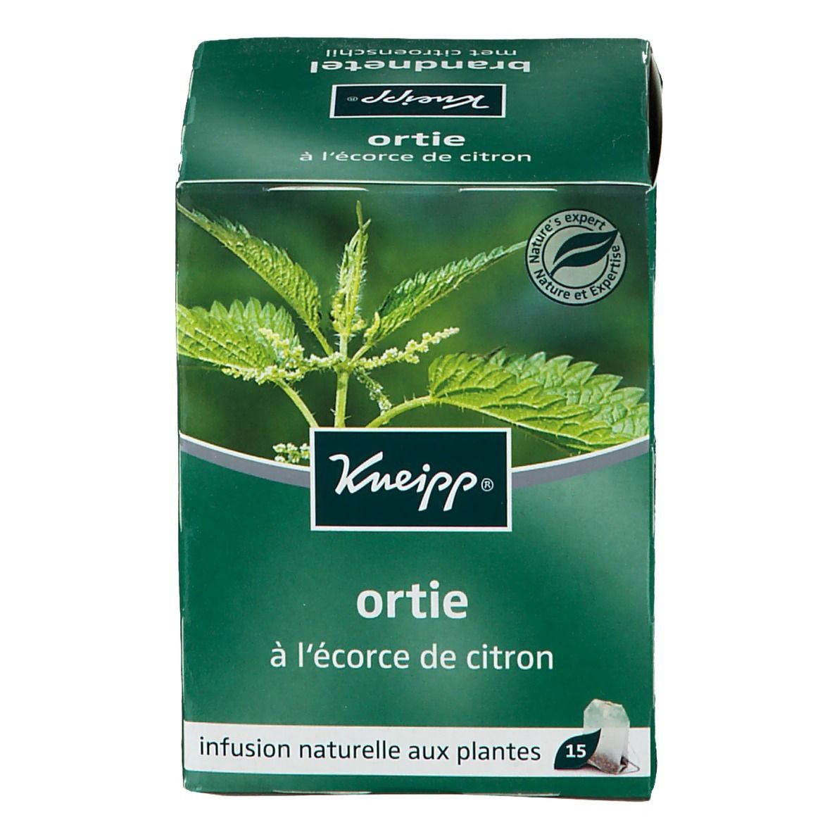 Confezione verde Kneipp con logo e scritta "Ortie à l'écorce de citron". Immagine di ortica. 15 bustine.