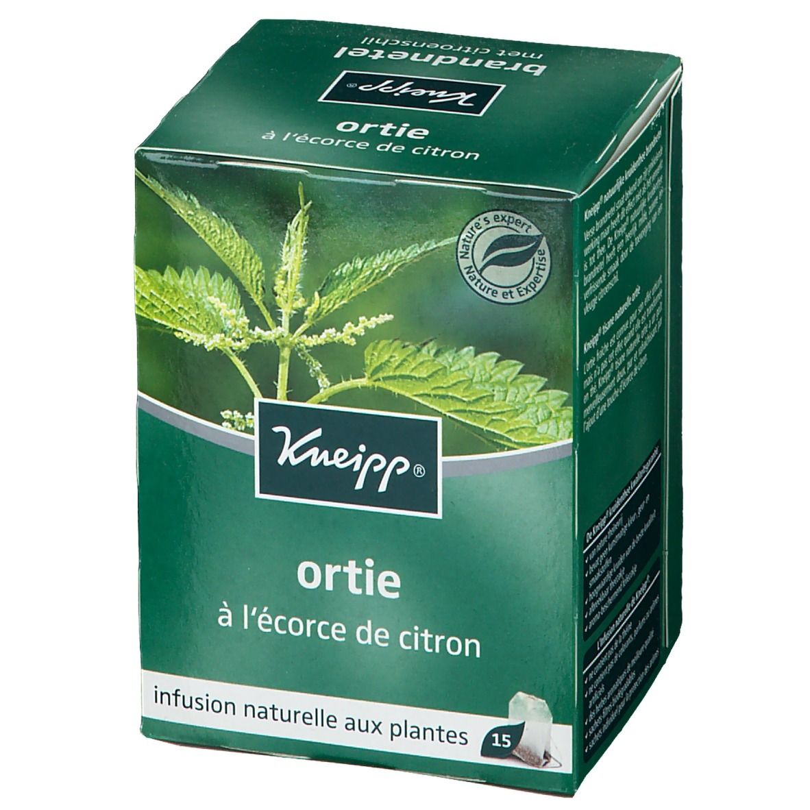 Confezione verde Kneipp con logo e scritta "Ortie à l'écorce de citron". Immagine di ortica. 15 bustine.