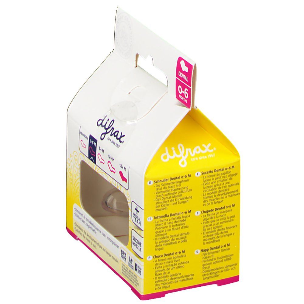 Confezione con succhietto. Testo: difrax®, 0-6 mesi. Succhietto in silicone. Informazioni prodotto multilingue.