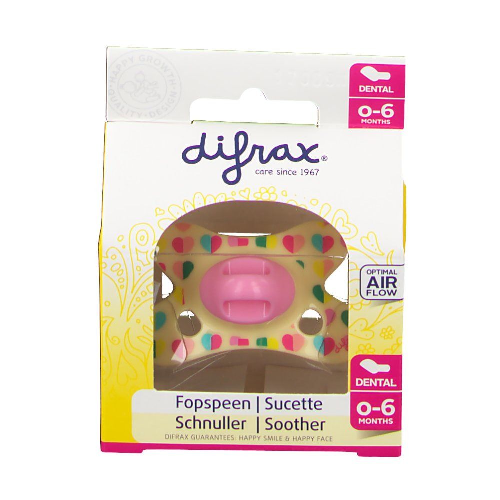 Confezione con succhietto. Finestra mostra il succhietto. Testo: difrax®, 0-6 mesi. Circolazione d'aria ottimale.