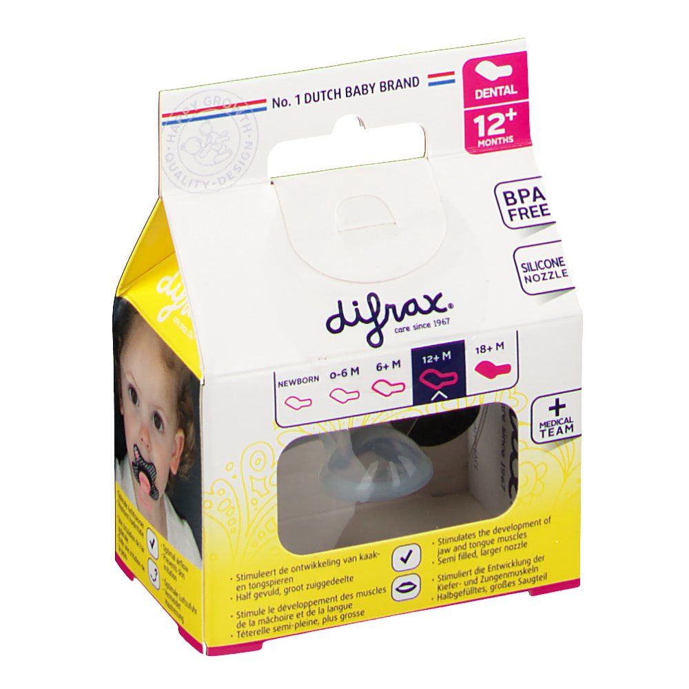 Confezione con succhietto. Succhietto trasparente, bambino. Scritte: Dental 12+M, BPA Free, Silicone Nozzle, Ortho Care.