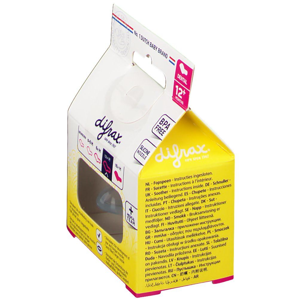 Confezione con succhietto. Scritte: Dental 12+M, BPA Free, Silicone Nozzle. Istruzioni multilingue.